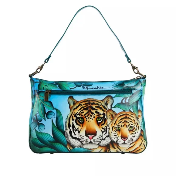 Nwt Anuschka blue Tiger Family Bag Purse painted leather crossbod… - Picture 2 of 5